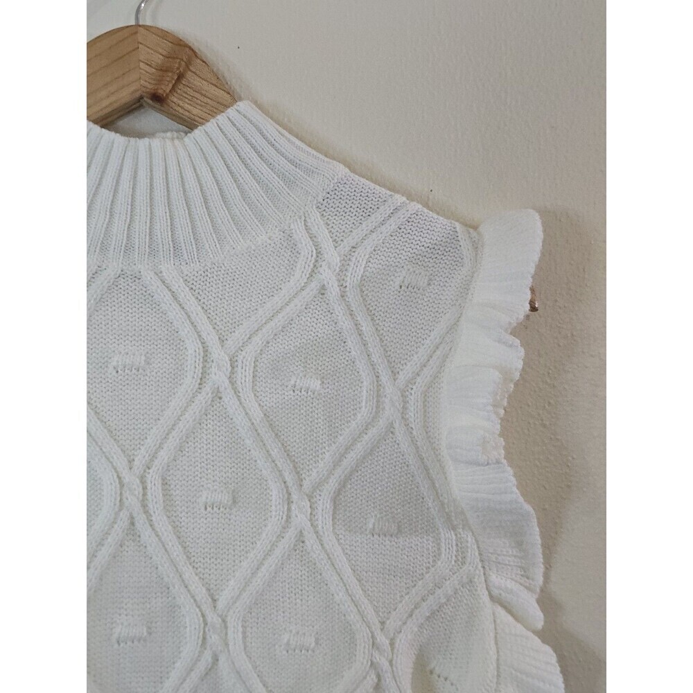 Allegra K White Cable Knit Sweater Vest Ruffle Sleeve Mock Neck Top Size M - Picture 3 of 11